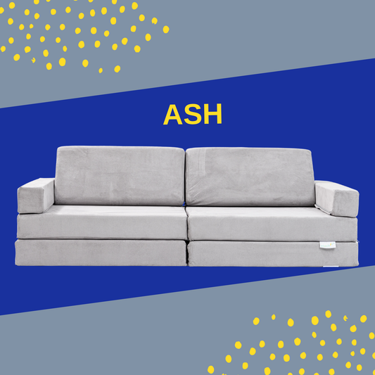 Stackies Ash Sofa. Modular Kids Couch in Soft Gray. stackies modular kids furniture in Ash gray, styled as a full-length sofa with soft foam cushions and armrests. A minimalist play couch for Malaysian families, designed for comfort, creativity, and screen-free bonding.