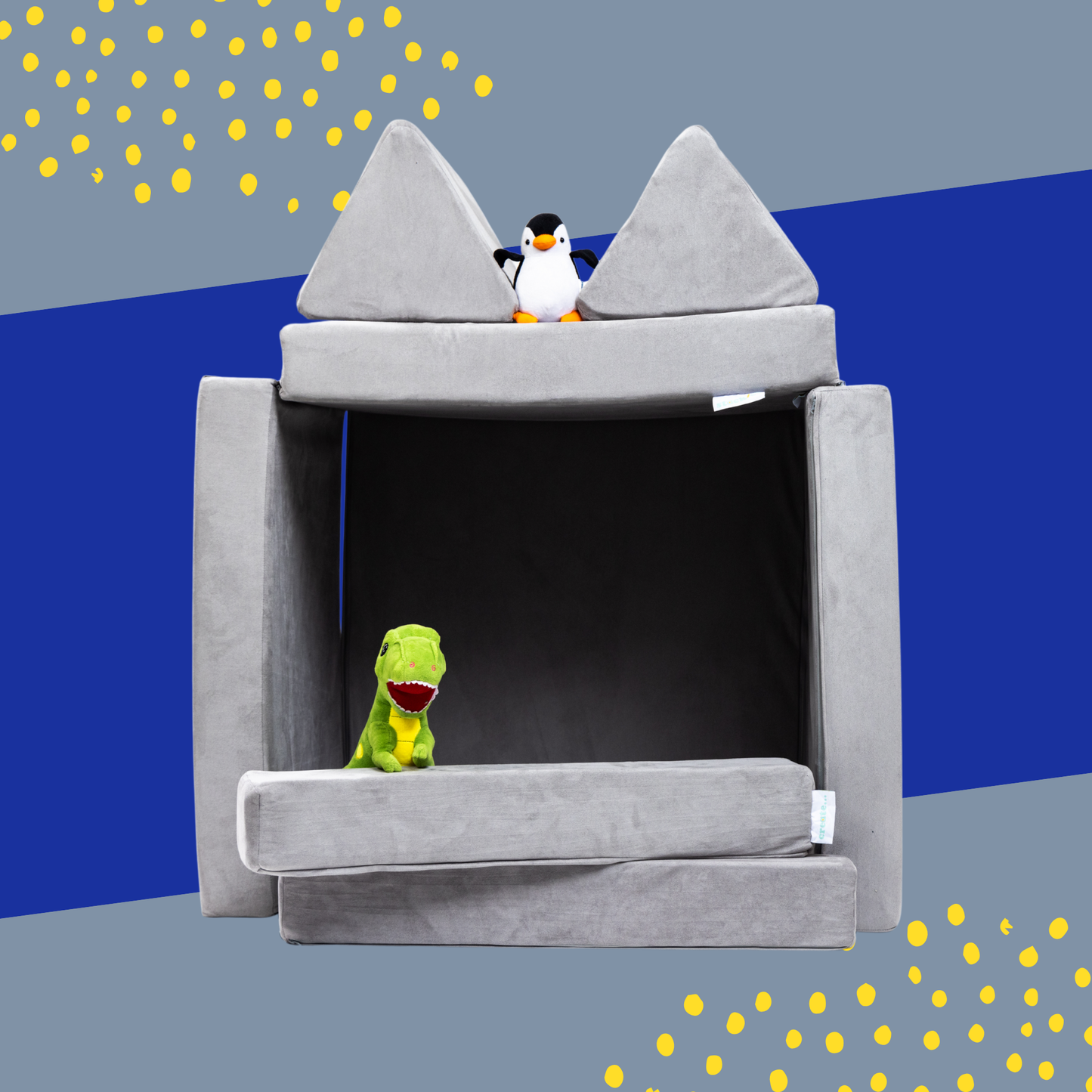 stackies Ash Gray Build. Cozy Modular Playhouse with Plush Toys. stackies modular kids furniture in gray, styled as a cozy playhouse with triangular ear-like cushions and plush dinosaur and penguin toys. A creative build for Malaysian families that blends imaginative play, emotional comfort, and modular design.