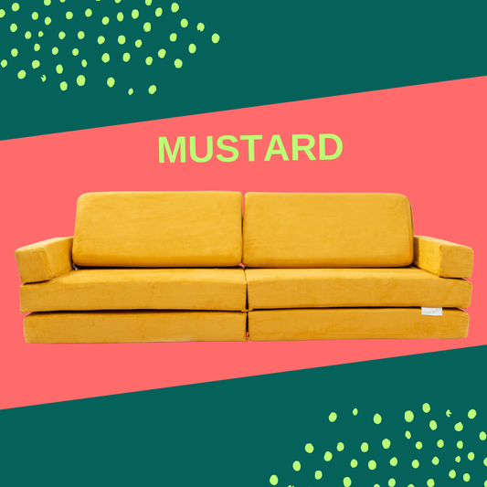 stackies Mustard Sofa. Modular Kids Couch in Mustard Yellow. stackies modular kids furniture in mustard yellow, styled as a full-length sofa with foam cushions and armrests. A vibrant play couch for Malaysian families, designed for creative setups, cozy bonding, and screen-free play for big and small spaces