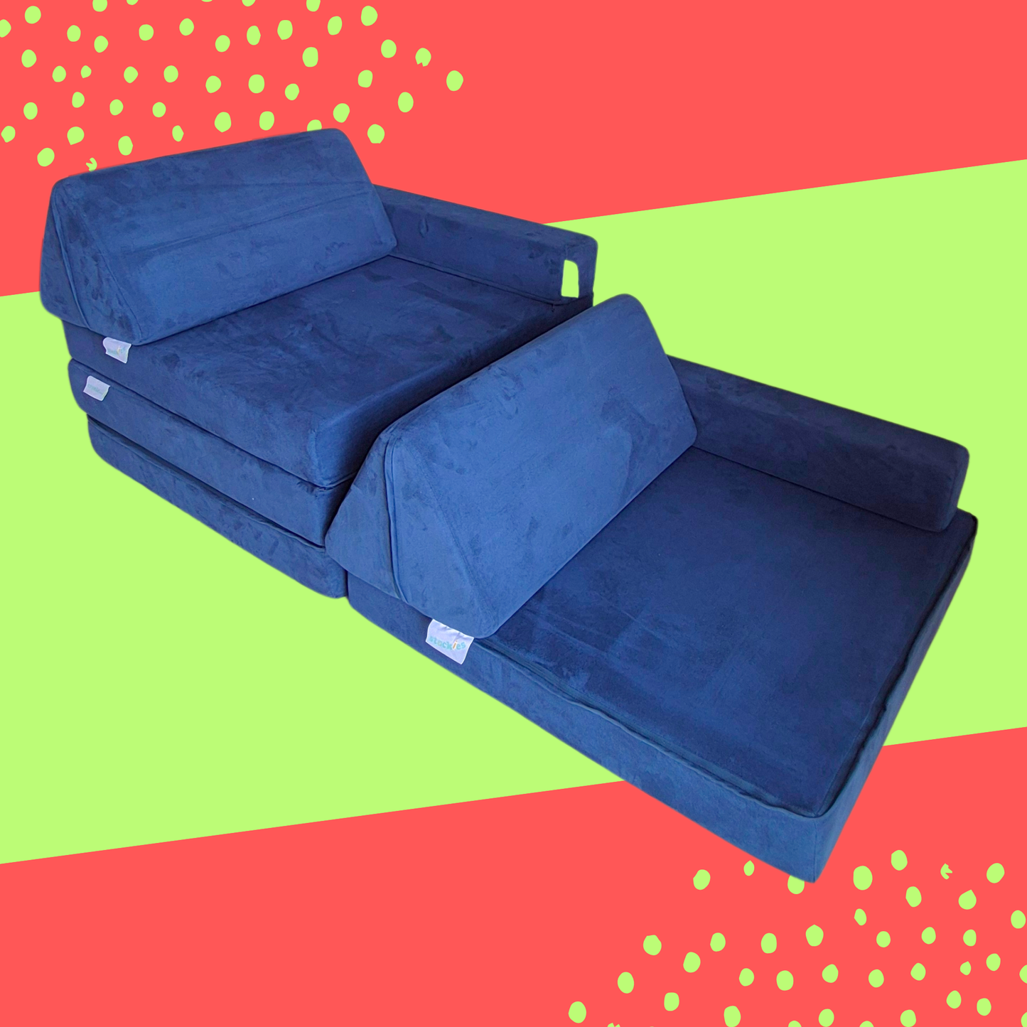 stackies Navy Blue Lounge. Modular Kids Sofa for Relaxed Play. stackies modular kids furniture in blue, unfolded into a lounge setup with foam cushions and armrests. A versatile play couch for Malaysian families, designed for imaginative play, gross motor development, and cozy downtime.