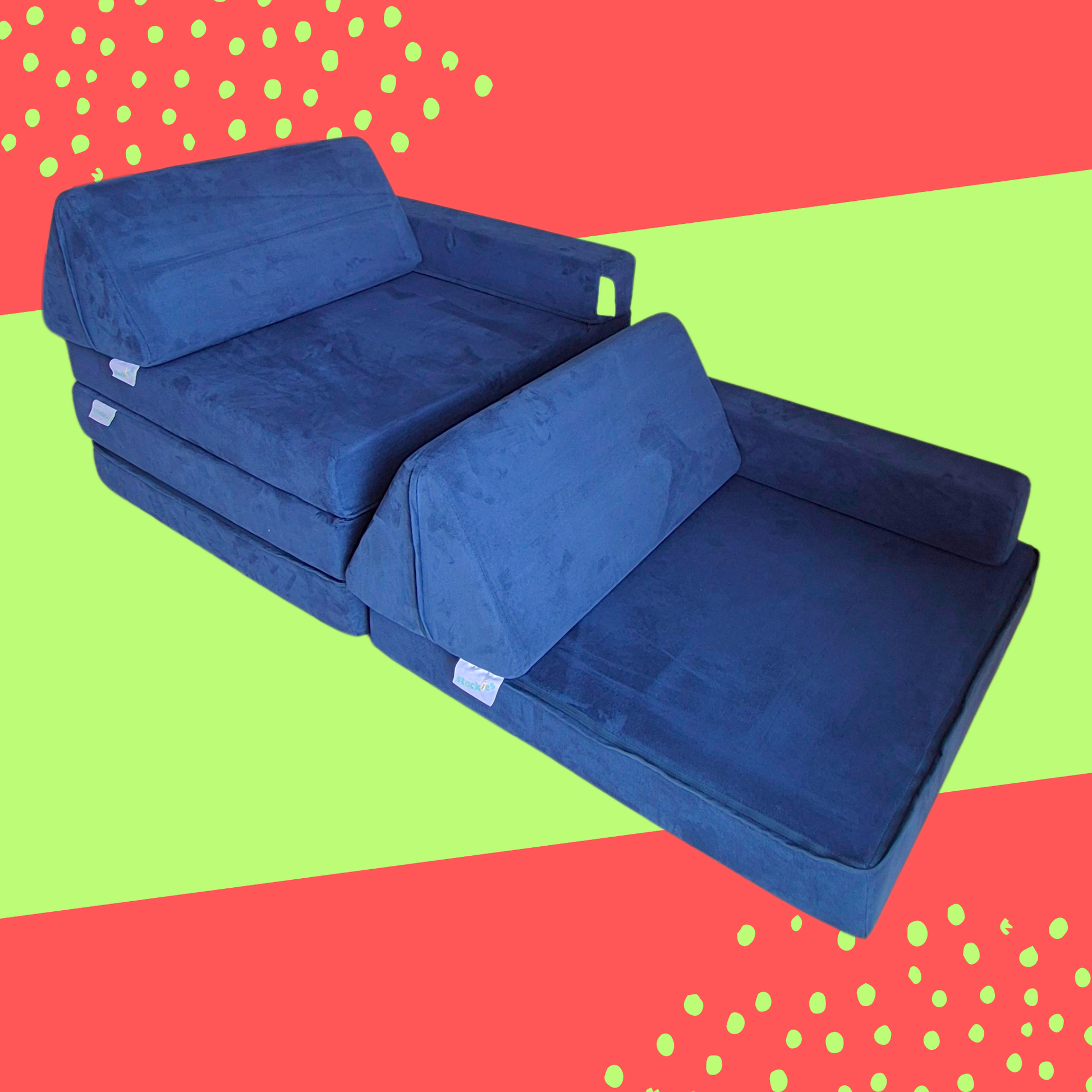 stackies Navy Blue Lounge. Modular Kids Sofa for Relaxed Play. stackies modular kids furniture in blue, unfolded into a lounge setup with foam cushions and armrests. A versatile play couch for Malaysian families, designed for imaginative play, gross motor development, and cozy downtime.
